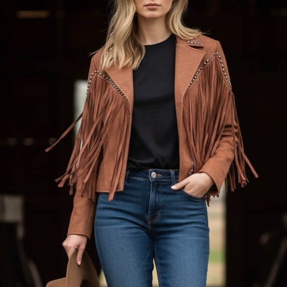 NEW Blue b Caramel Brown Faux Suede Allover Fringe Silver Studded Western Jacket - Picture 3 of 5